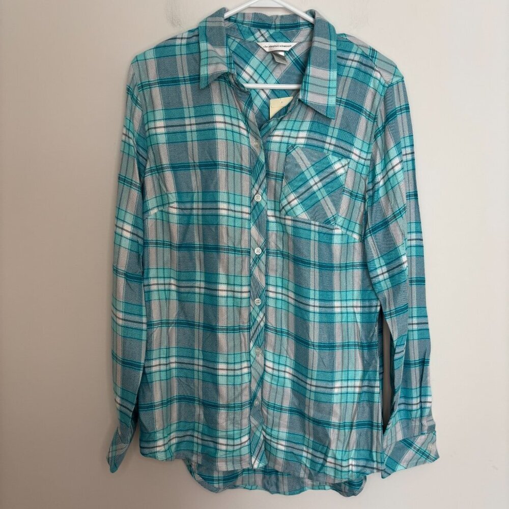 CHRISTOPHER & BANKS NEW Teal Plaid Flannel Womens M Collared Long Sleeve Rayon - Picture 1 of 7